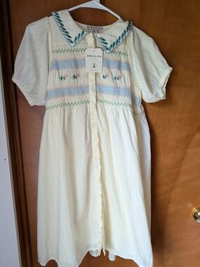 Emile et Ida Cream Dress with Blue and Green Embroidery